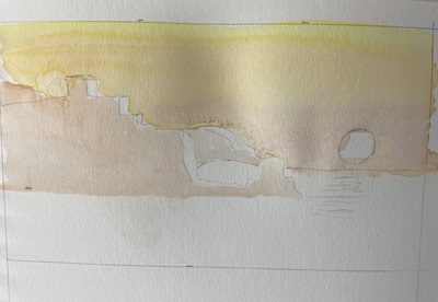 rochers peints à l’aquarelle avec zones de lumière conservées