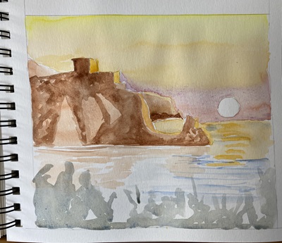 premier plan sombre avec buissons et rochers au coucher de soleil aquarelle