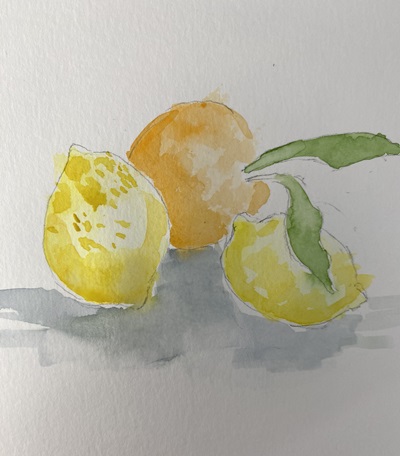 Ombres légères à l’aquarelle sous un citron et une mandarine pour donner du volume