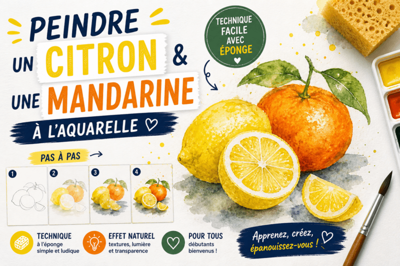 Peindre un citron et une mandarine à l’aquarelle avec une technique facile à l’éponge pour débutant