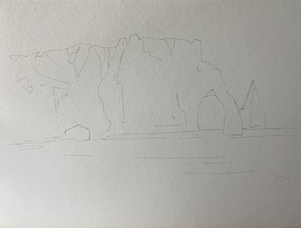 Dessin de la mer devant les falaises d'Étretat