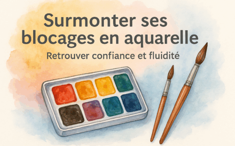 Surmonter ses blocages en aquarelle – palette de couleurs et pinceaux symbolisant la créativité et la confiance retrouvée
