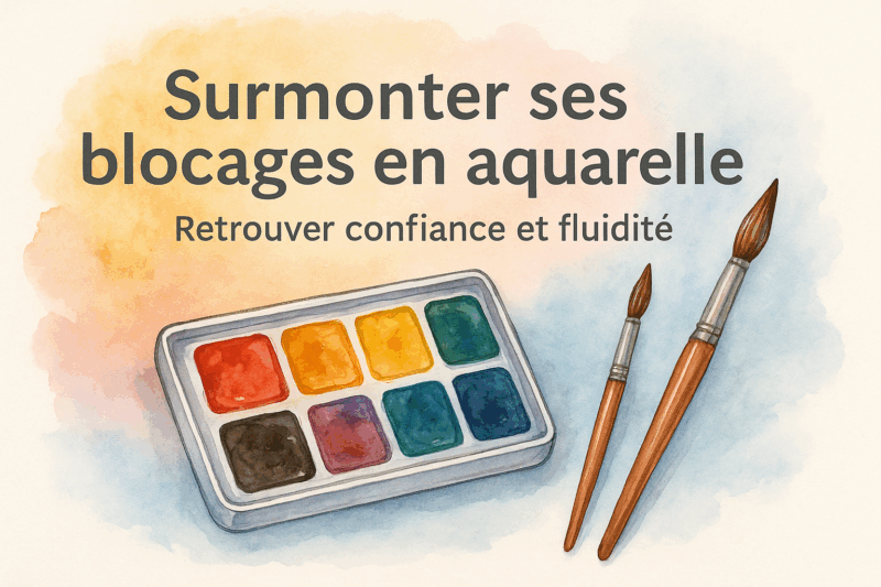 Surmonter ses blocages en aquarelle – palette de couleurs et pinceaux symbolisant la créativité et la confiance retrouvée