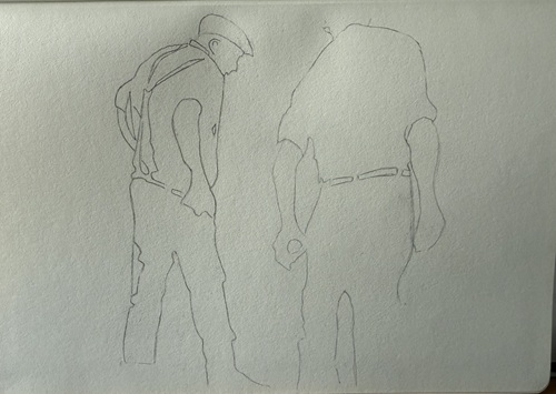 Esquisse simple d’un joueur de pétanque avant la mise en couleur.