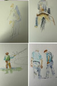 Aquarelles de personnages : danseuse, pêcheur et skieur, sujets variés pour apprendre à peindre.