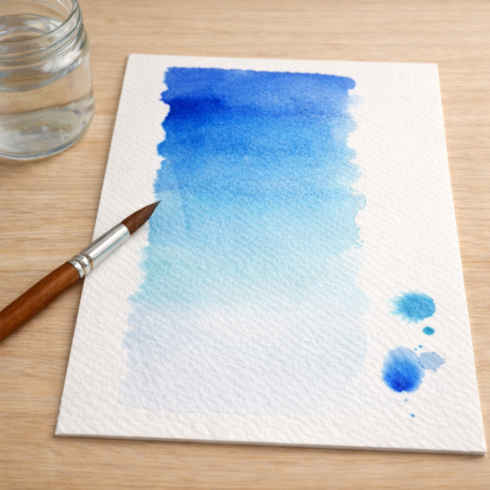 Exercice aquarelle débutant pour comprendre l’eau avec dégradé bleu sur papier aquarelle