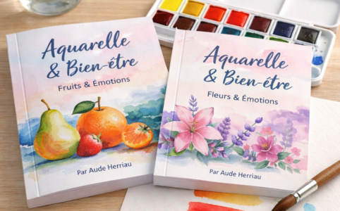Livres Aquarelle & Bien-être Fruits & Émotions et Fleurs & Émotions de Aude Herriau avec matériel aquarelle pour débuter facilement