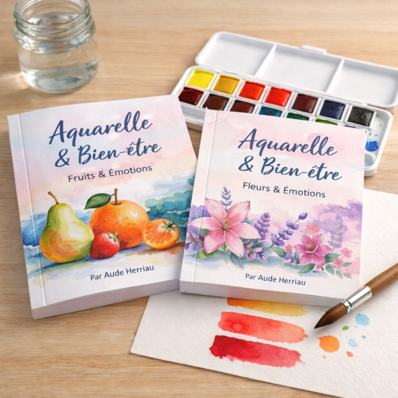 Livres Aquarelle & Bien-être Fruits & Émotions et Fleurs & Émotions de Aude Herriau avec matériel aquarelle pour débuter facilement