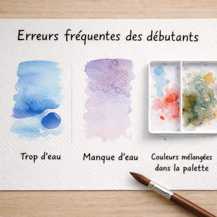 Erreurs fréquentes en aquarelle débutant : trop d’eau, manque d’eau et couleurs mélangées dans la palette