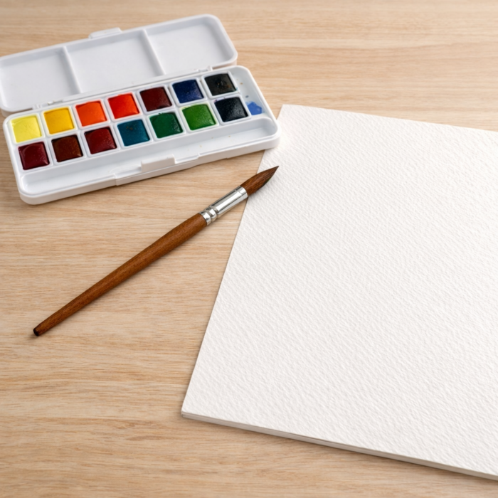 Matériel aquarelle débutant avec pinceau rond, palette de couleurs et papier aquarelle 300 g