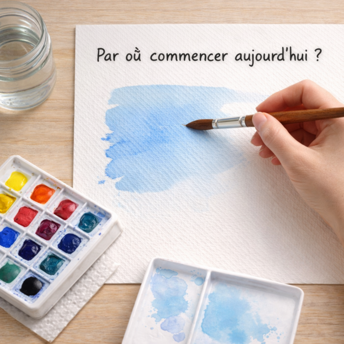 Débuter l’aquarelle : premier lavis bleu réalisé au pinceau sur papier aquarelle avec matériel de base
