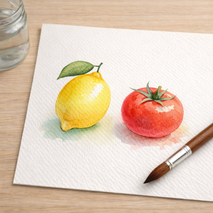 ujets simples à peindre en aquarelle pour débutant : citron et tomate sur papier aquarelle