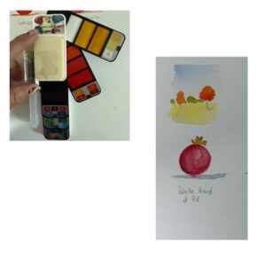 palette aquarelle Rouge et PLE 12 couleurs avec exemple de paysage peint