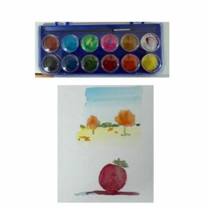 palette aquarelle 12 couleurs supermarché avec rendu paysage d'automne
