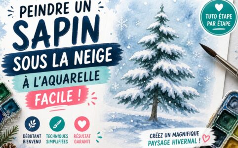 sapin sous la neige peint à l’aquarelle paysage d’hiver facile pour débutant