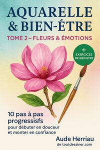Couverture du livre « Aquarelle & Bien-être – Tome 2 : Fleurs & Émotions » d’Aude Herriau, avec une fleur rose en aquarelle et un pinceau, guide pour apprendre à peindre des fleurs à l’aquarelle.