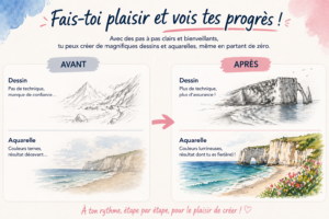 progres dessin et aquarelle debutant avant apres avec methode simple et pas a pas