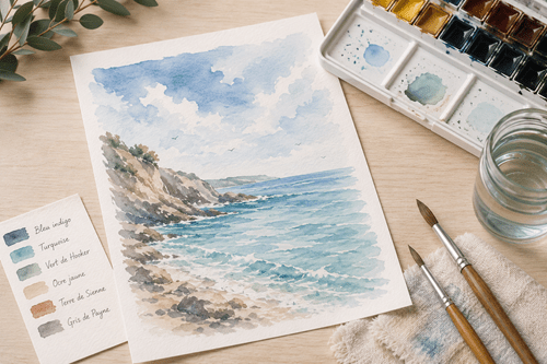 aquarelle facile avec paysage de mer peint pas à pas pour apprendre les couleurs et les dégradés