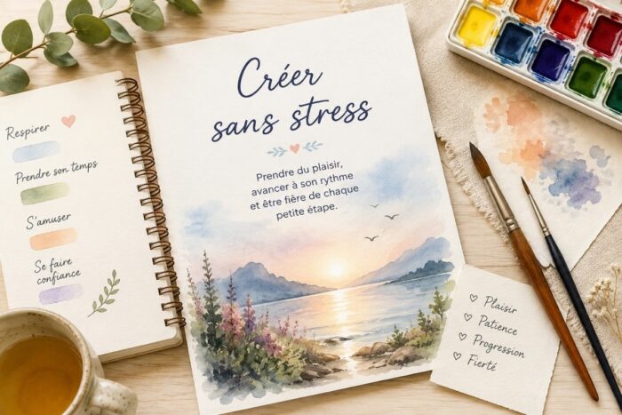 créer sans stress grâce à l’aquarelle dans une ambiance créative et apaisante avec carnet, pinceaux et peinture