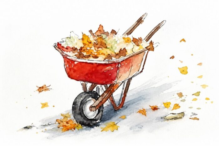 brouette peinte à l’aquarelle avec des feuilles d’automne pour débuter facilement la peinture