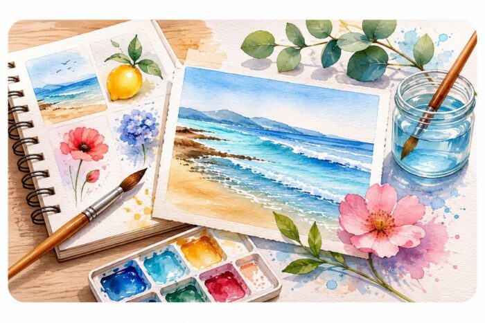 idées simples pour débuter l’aquarelle facilement avec des paysages, des fleurs, des fruits et des exercices accessibles