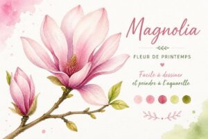 magnolia aquarelle facile fleur de printemps pour débutant avec pétales roses et branche
