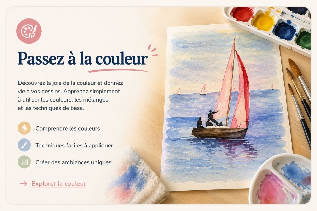 passer du dessin à la couleur avec une aquarelle facile représentant un voilier sur la mer