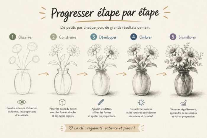 progresser en dessin étape par étape avec une méthode simple pour apprendre les formes, les détails et les ombres