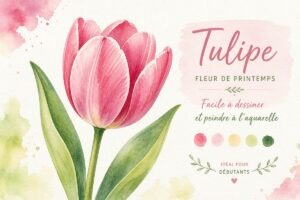 tulipe aquarelle facile fleur de printemps pour débutant avec dégradé rose et feuilles vertes