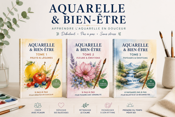 Collection complète des livres Aquarelle & Bien-être d'Aude Herriau : Fruits & Légumes, Fleurs & Émotions et Paysages & Émotions pour apprendre l'aquarelle pas à pas.
