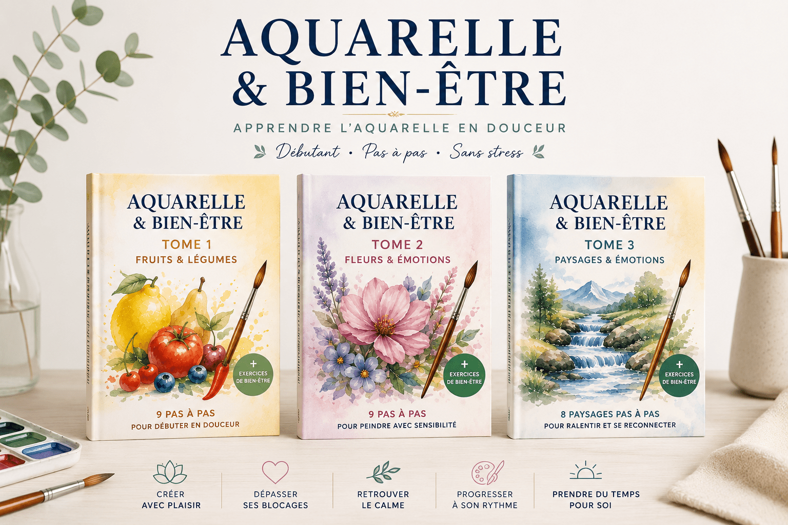 Collection complète des livres Aquarelle & Bien-être d'Aude Herriau : Fruits & Légumes, Fleurs & Émotions et Paysages & Émotions pour apprendre l'aquarelle pas à pas.