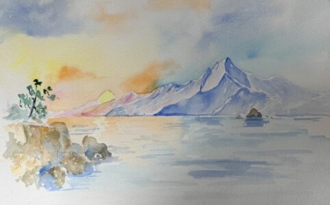 Paysage de montagne et coucher de soleil peint à l'aquarelle pour illustrer les bienfaits de la peinture de paysage.