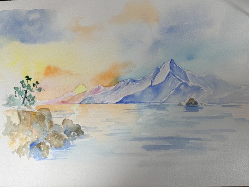 Paysage de montagne et coucher de soleil peint à l'aquarelle pour illustrer les bienfaits de la peinture de paysage.