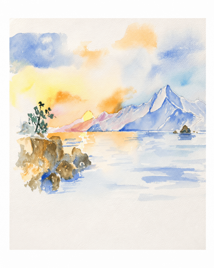 Paysage de montagne et coucher de soleil peint à l'aquarelle pour illustrer les bienfaits de la peinture de paysage.