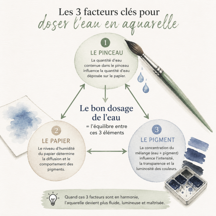 Schéma expliquant les 3 facteurs pour doser l'eau en aquarelle : le pinceau, le papier et le pigment.