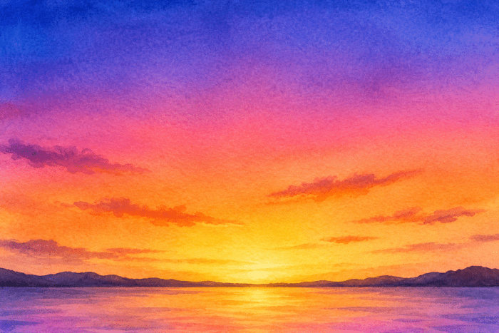 Dégradé entre plusieurs couleurs utilisé pour peindre un coucher de soleil en aquarelle