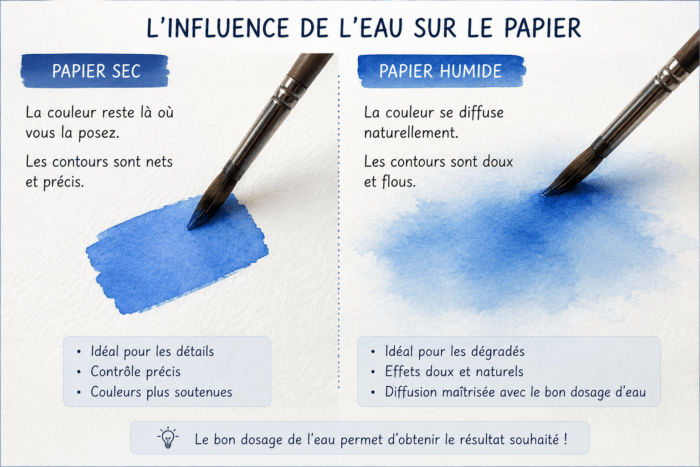 Différence entre papier sec et papier humide pour doser l'eau en aquarelle