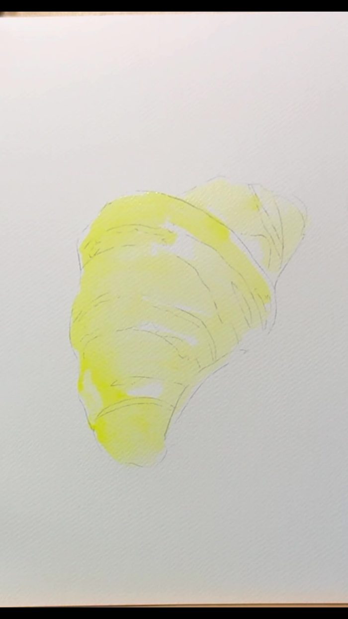 premier lavis jaune en aquarelle sur croissant avec réserves blanches