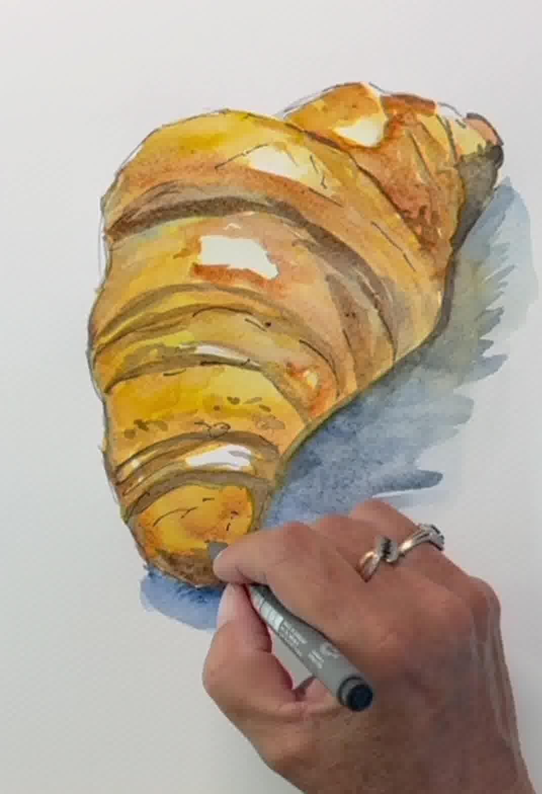 croissant terminé peint à l'aquarelle, tutoriel pas à pas débutant
