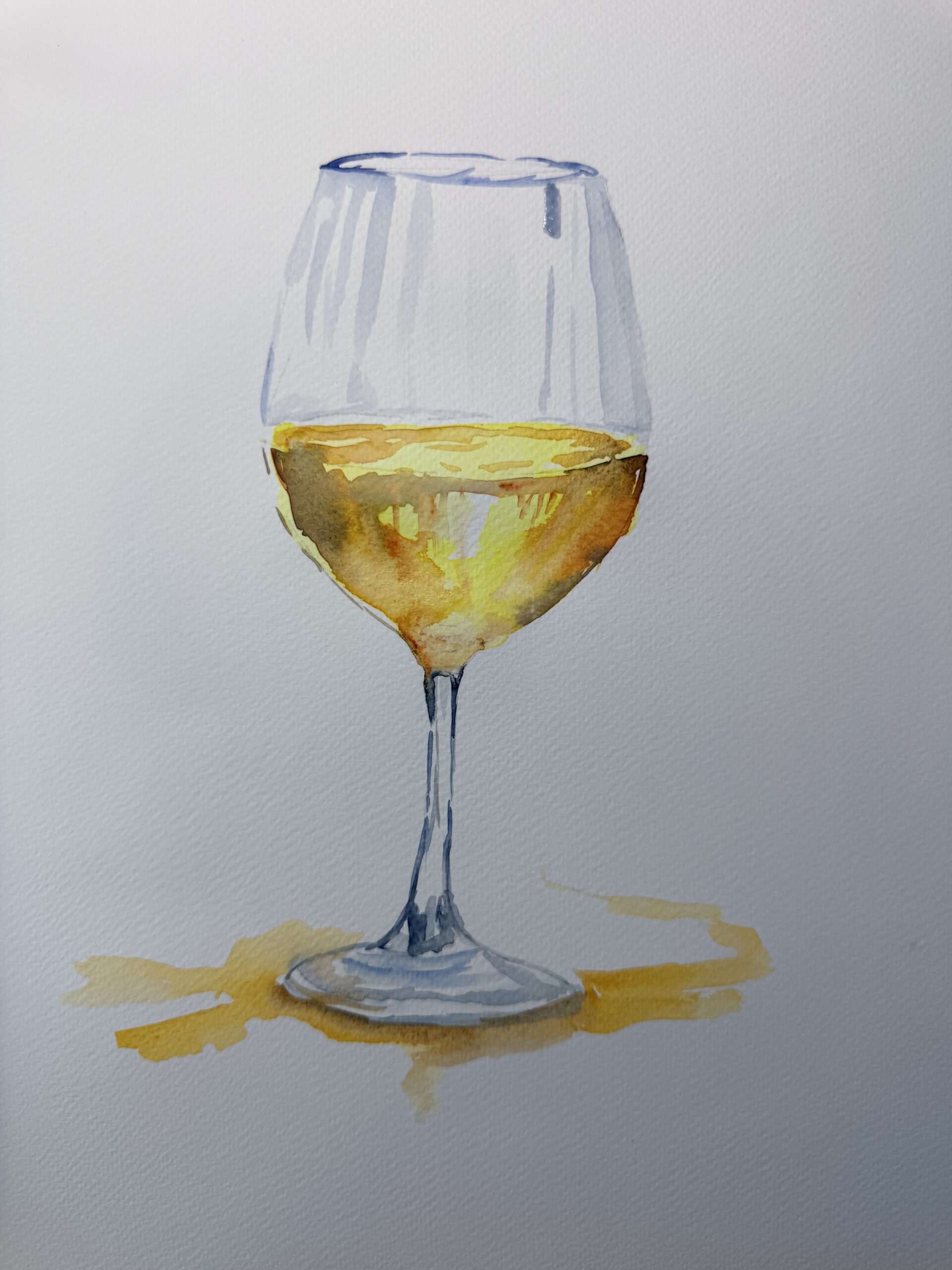 Aquarelle d'un verre de vin blanc transparent avec un reflet doré posé sur la table