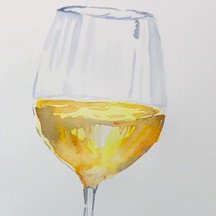 Détail d'une aquarelle de verre : le blanc du papier laissé intact figure les reflets de lumière