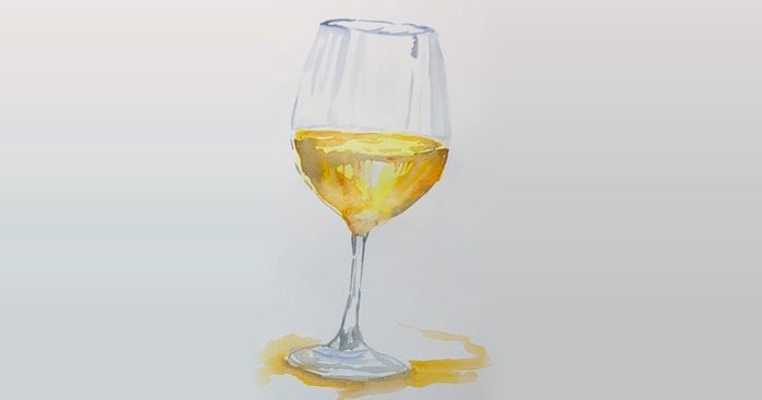 Reflet doré peint au pied d'un verre de vin à l'aquarelle pour l'ancrer sur la table