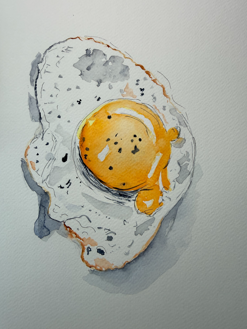 Peindre un œuf au plat à l'aquarelle : rendu final avec reflets et transparence